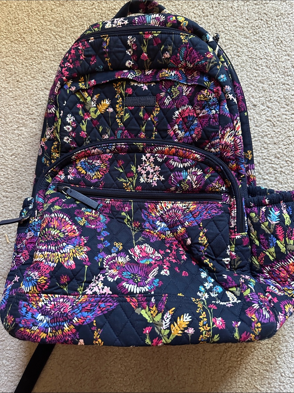 Large like new Vera Bradley Navy Quilted Floral Backpack with Multicolor Blooms